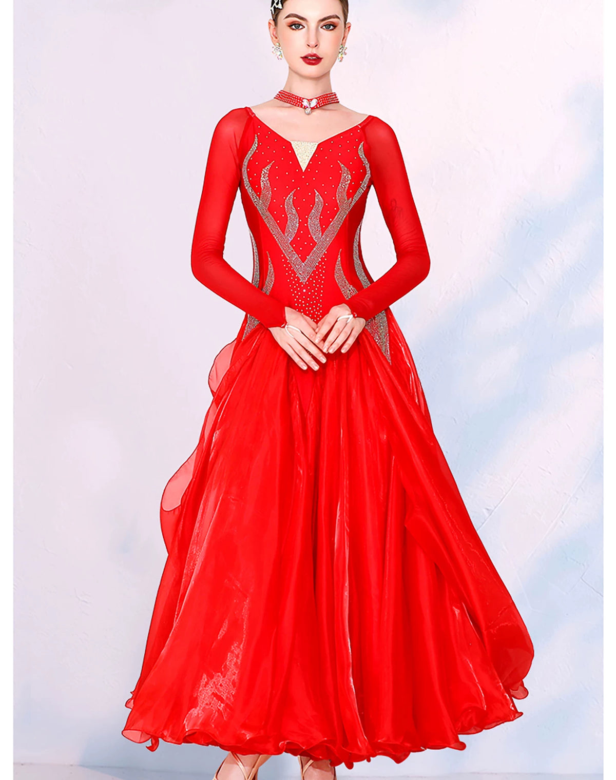 Women Dark Green Ballroom Dance Dress - Silver Rhinestone Waltz Foxtrot Gown