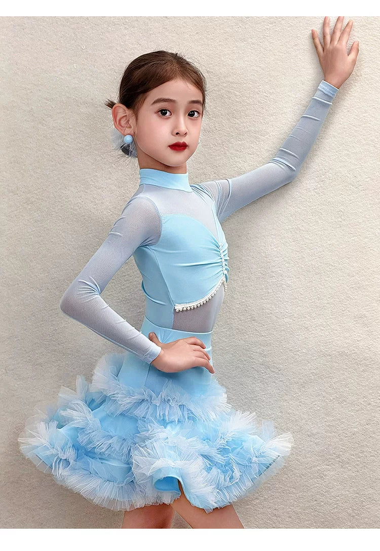 Girls Latin Dance Dress Blue Black Ruffles Skirts Ballroom Salsa Dance Costumes
