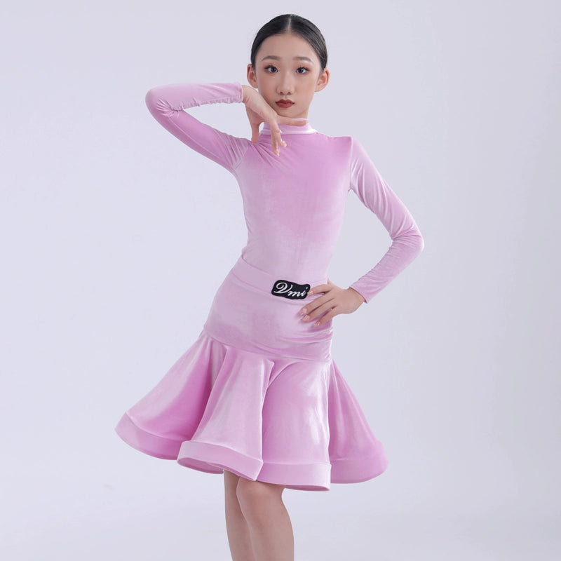 Girls kids competition ballroom latin dance dresses pink Ultra-thin velvet modern dance costume professional standard dance outfits - Moderndancedress.com