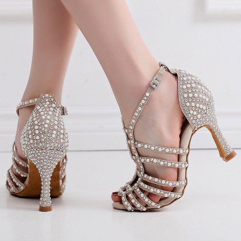 Women's Soft Sole High Heel Latin Dance Shoes Hot Diamond Pearl Salsa Chacha Ballroom Tango Waltz Dance Shoes for Adult - Moderndancedress.com