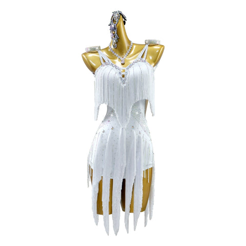 Professional White Rhinestones Fringe Latin Dresses for Girls Women Kids Salsa Rumba Chacha Competition Blackpool Dance Wear - Moderndancedress.com