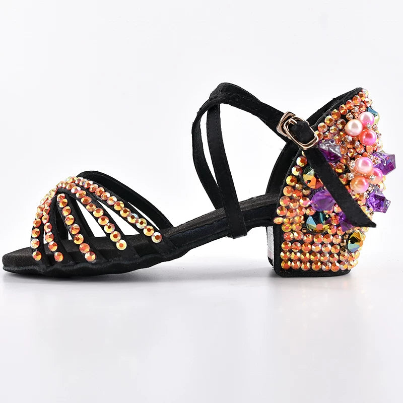 Women's Rhinestone Latin Dance Shoes | Low Heel Ballroom Salsa Sandals