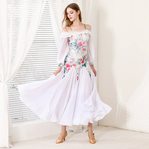 White Floral Ballroom Dance Dresses for Women Girls Waltz Tango Flamenco Dew Shoulder Dancing Long Gown for Female - Moderndancedress.com