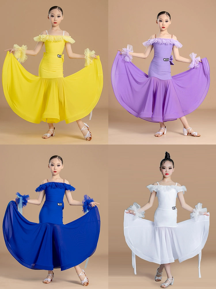 children girls ballroom dance dresses purple yellow blue white color competition national standard regulations clothes big skirt - Moderndancedress.com