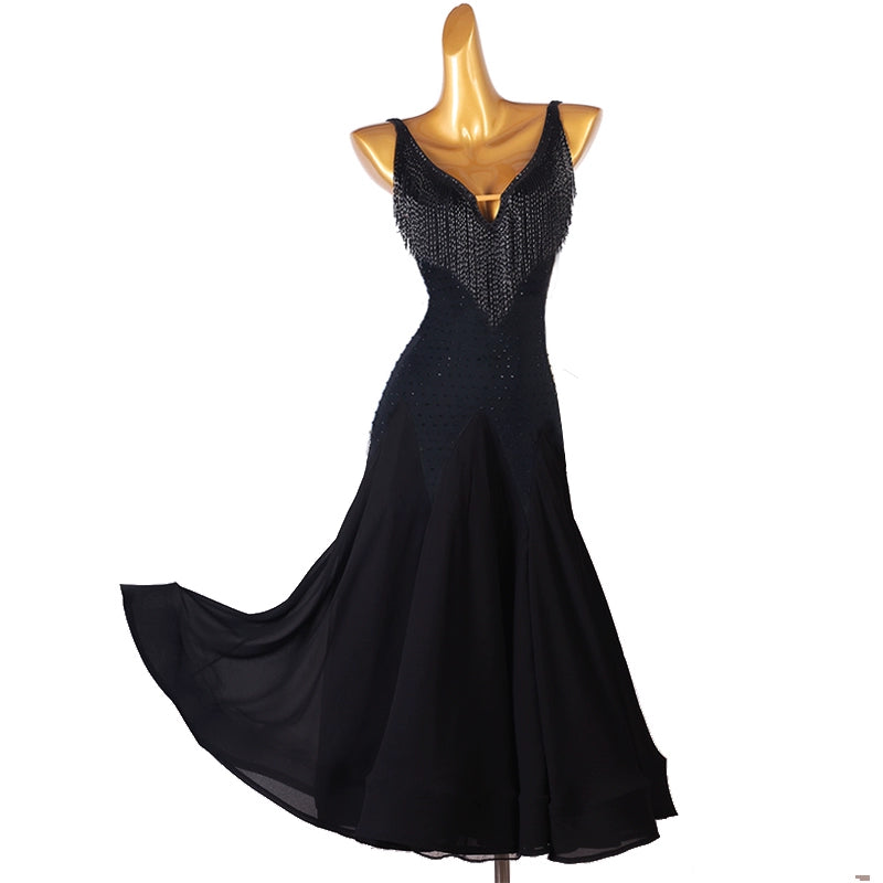 Black diamond tassels competition ballroom dance dresses for women girls High-end tube bead modern waltz tango dance performance clothes - Moderndancedress.com