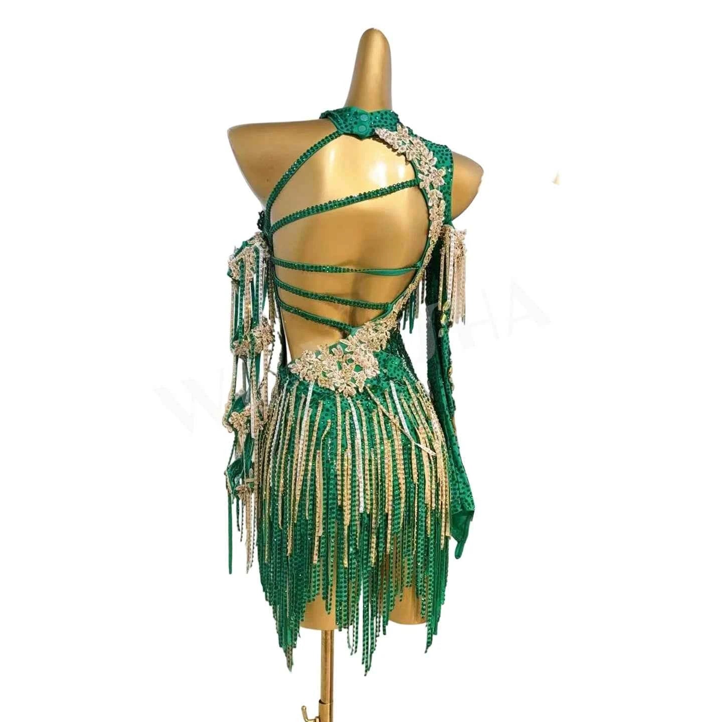 Custom Size Women's Green Gold Latin Dance Dress Salsa Rumba Bling Fringe Slant Neck