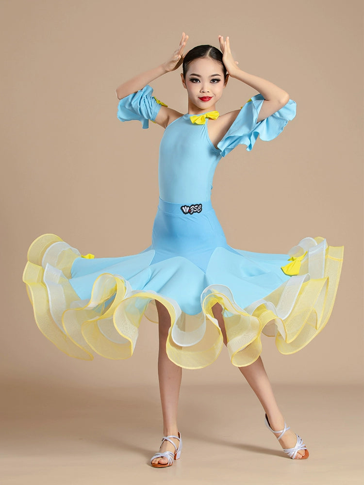 Blue with Yellow Modern National Ballroom Dance Dresses for Girls Kids Children's Waltz Professional Competition Practice Outfits for Children - Moderndancedress.com