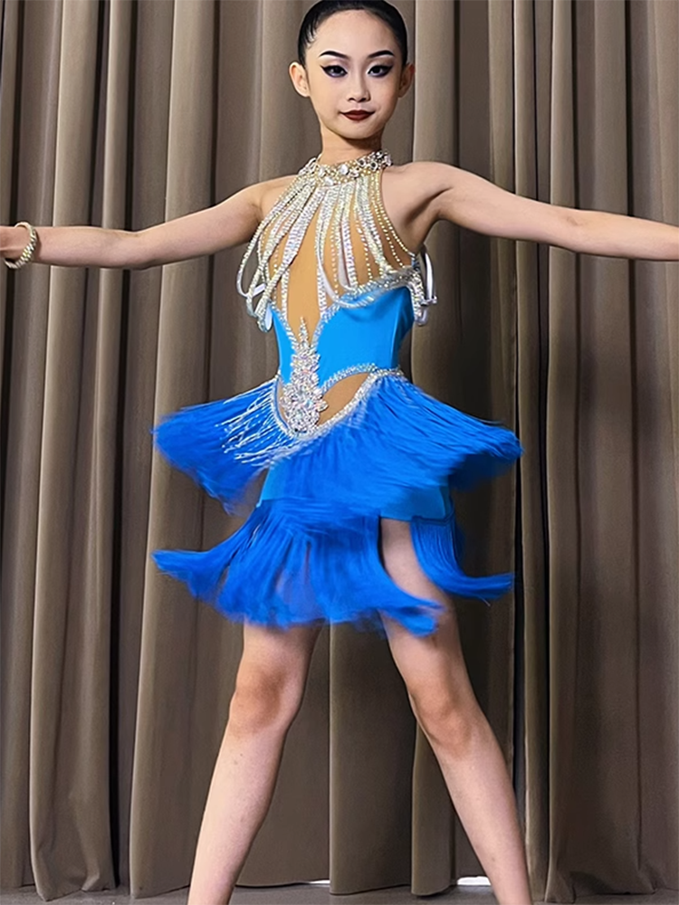 Customized Turquoise fringe Latin Dance competition Dress for women girls Professional Diamond Flower Costume Art Exam dance wear - Moderndancedress.com