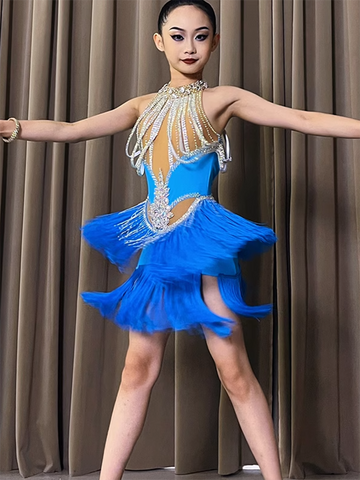 Customized Turquoise fringe Latin Dance competition Dress for women girls Professional Diamond Flower Costume Art Exam dance wear - Moderndancedress.com