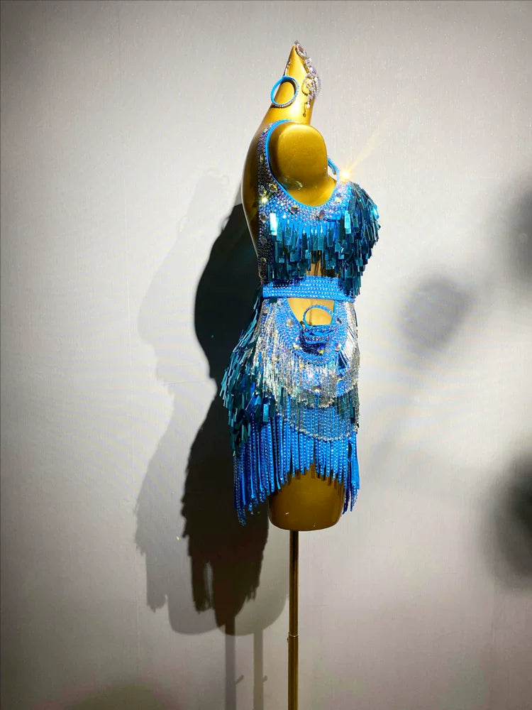Custom Size Competition Turquoise Latin Dance Dress Bling Fringe Fuchsia Blackpool Performance Clothes