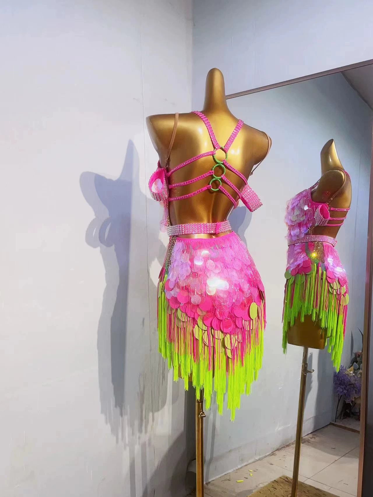 Custom Size Pink Green Latin Dance Dresses for Women Sequins Fringe Salsa Rumba Blackpool Performance Costumes