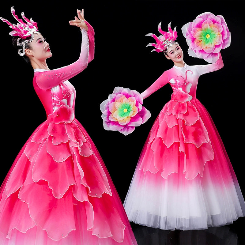 Women girls Opening Dance flamenco dance petals dresses pink blue green yellow church choir performance gown modern dance solo Choral wear - Moderndancedress.com