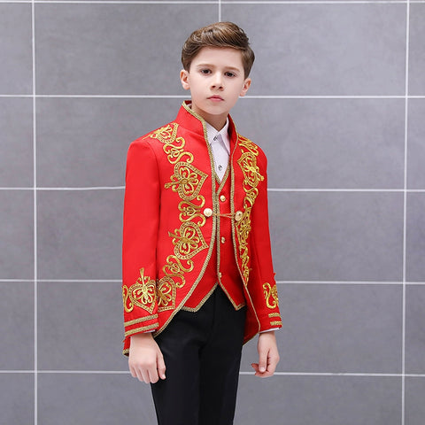 Boys Jazz Dance Costumes Children Golden Flower Loving Three-piece vest European Court Dress Prince Charming stage drama Costume - Moderndancedress.com