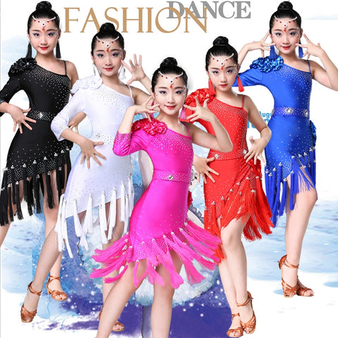 Children's Competition latin dance dresses blue pink red white slant one shoulder Latin dance performance costumes chacha rumba salsa dance outfits - Moderndancedress.com