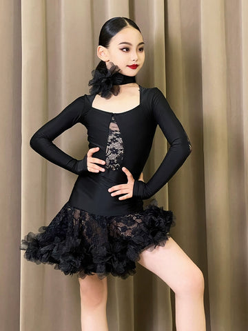 Girls Black lace rose flower Latin dance dresses for kids children girls ballroom salsa rumba chacha performance suit - Moderndancedress.com