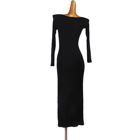 Women Girls Slant-neck Long Latin Dance Dress Black Blue Floral Ballroom Waltz Tango Performance Costumes High Split  Rumba Salsa Chacha Dancing Outfits - Moderndancedress.com