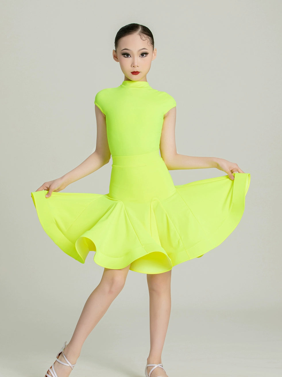 Blackpool Latin dance competition dresses for girls kids aqua yellow green salsa ballroom standard performance outfits for children - Moderndancedress.com