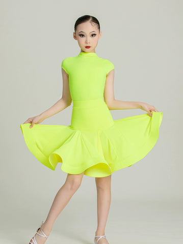 Blackpool Latin dance competition dresses for girls kids aqua yellow green salsa ballroom standard performance outfits for children - Moderndancedress.com