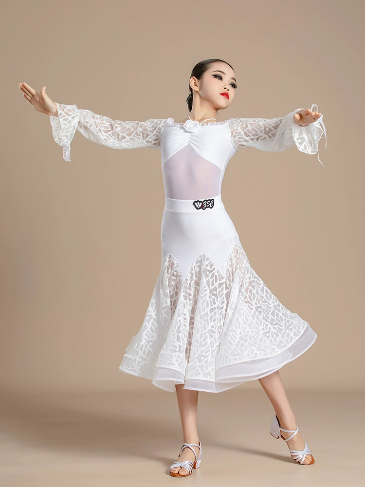 White Lace Competition Modern National Ballroom Dance Dresses for Girls Kids Dew Shoulder Waltz Tango Art Test Performance Costumes - Moderndancedress.com