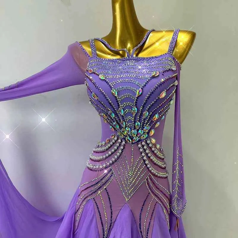 Custom Size Lavender Purple Competition Ballroom Dance Dresses for Women Girls Diamond Waltz Tango Dance Long Swing Skirts