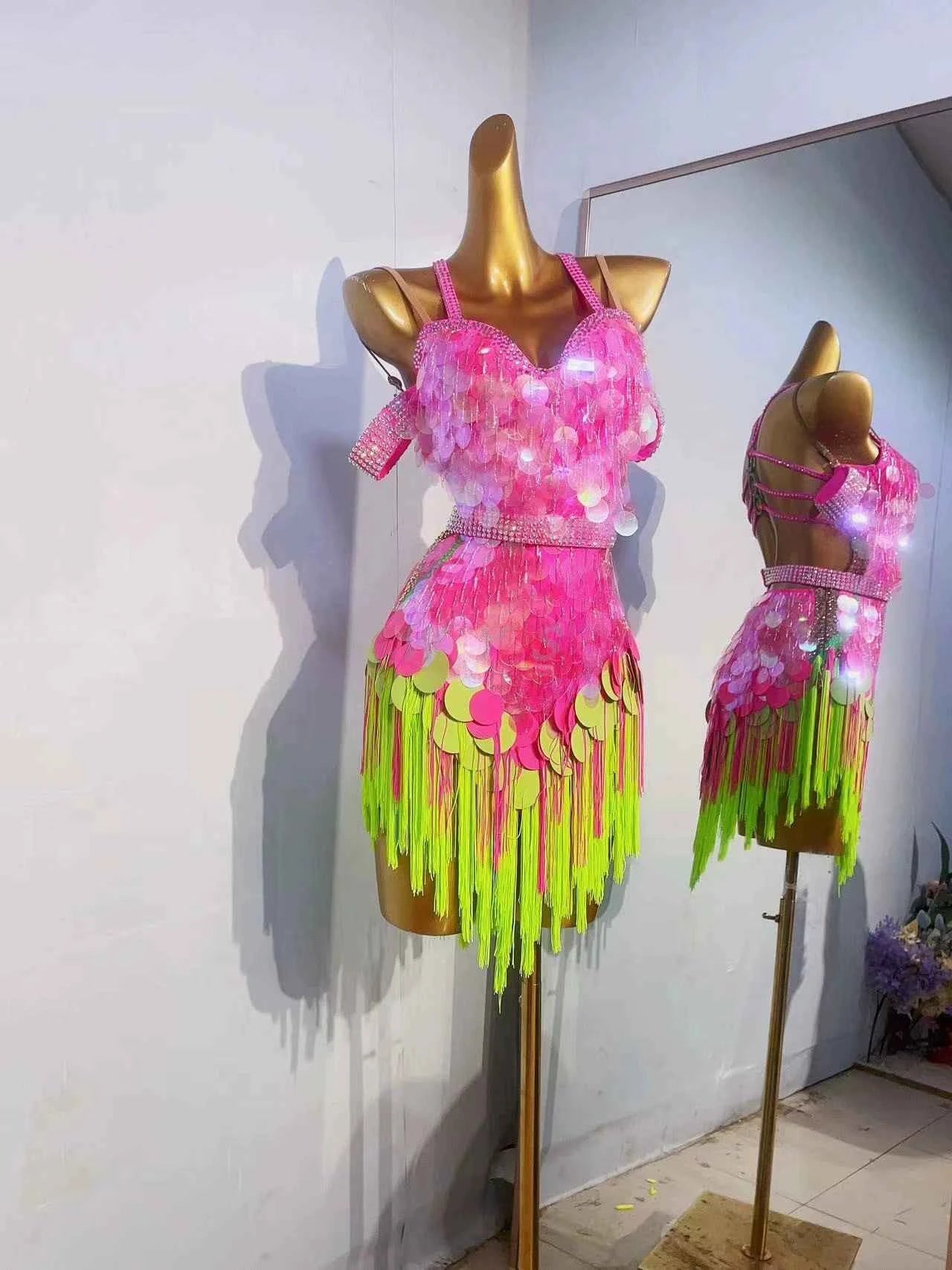 Custom Size Pink Green Latin Dance Dresses for Women Sequins Fringe Salsa Rumba Blackpool Performance Costumes
