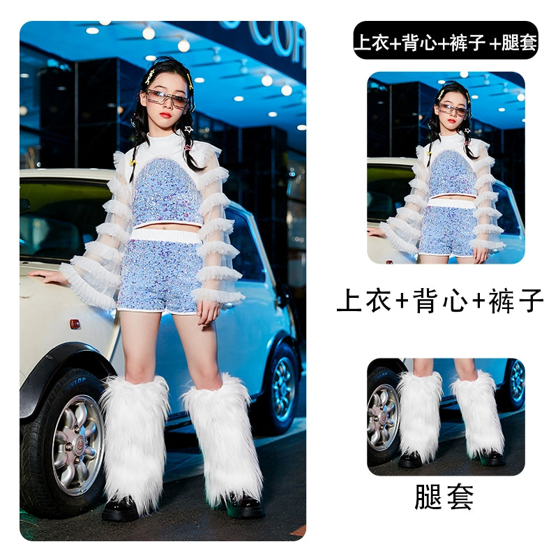 Girls Pink Blue Sequin Jazz Dance Costume Rapper Singers Gogo Dancers Street Hiphop Dance Outfits Catwalk Trendy Model Show Clothes for Kids - Moderndancedress.com