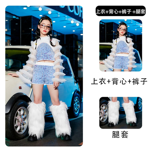 Girls Pink Blue Sequin Jazz Dance Costume Rapper Singers Gogo Dancers Street Hiphop Dance Outfits Catwalk Trendy Model Show Clothes for Kids - Moderndancedress.com