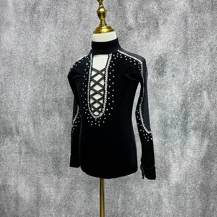 Children's Latin Dance Shirts Boys Black Velvet Rhinestones Ballroom Latin Grading Competition Performance Tops Modern Dance Shirt for Kids - Moderndancedress.com