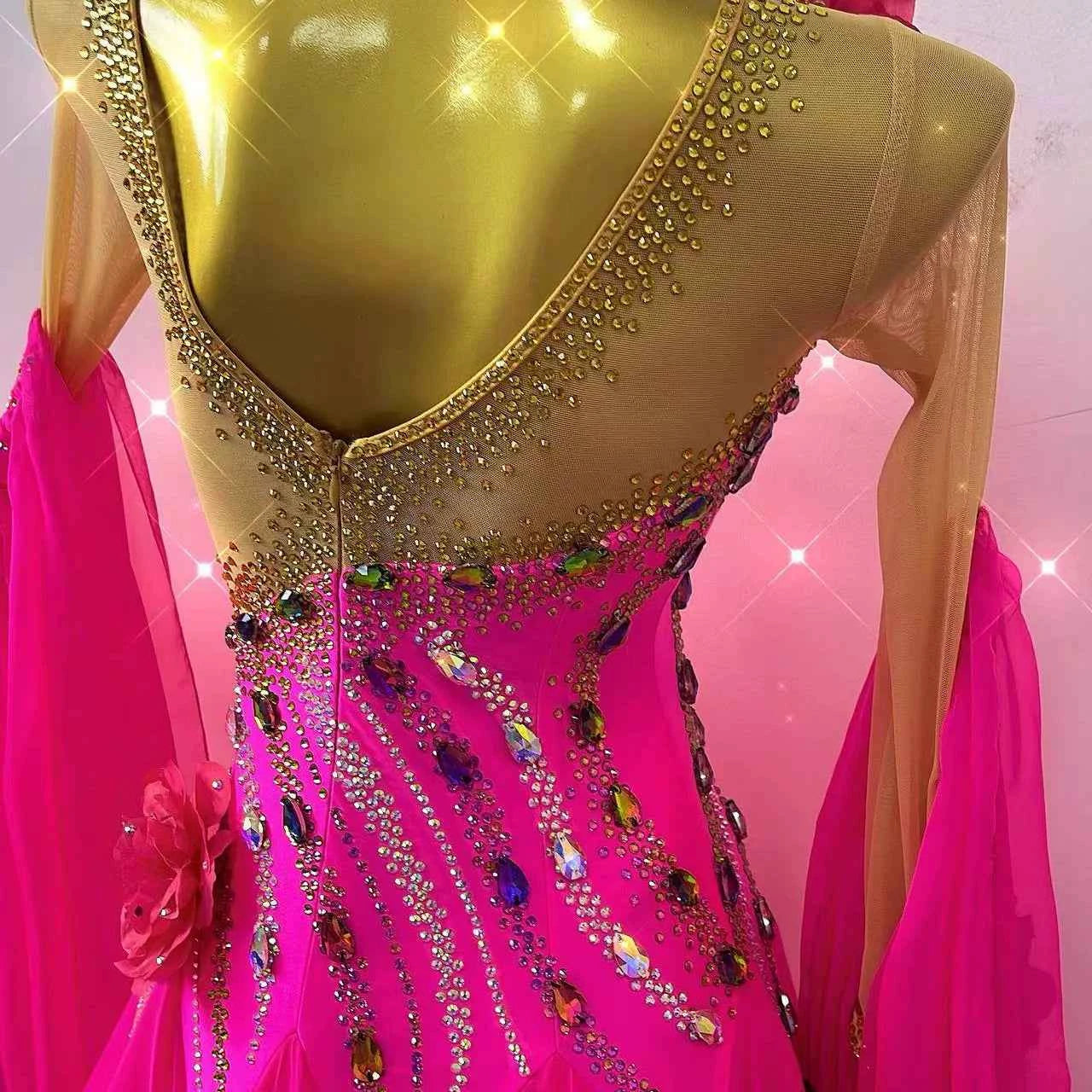 Custom Hot Pink Flowers Competition Ballroom Dance Dress for Women Waltz Tango Smooth Dance Long Gown