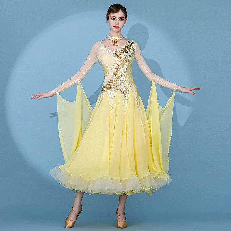 Custom size yellow competition ballroom dance dresses for women girls kids gemstones senior waltz tango foxtrot smooth dance gown - Moderndancedress.com