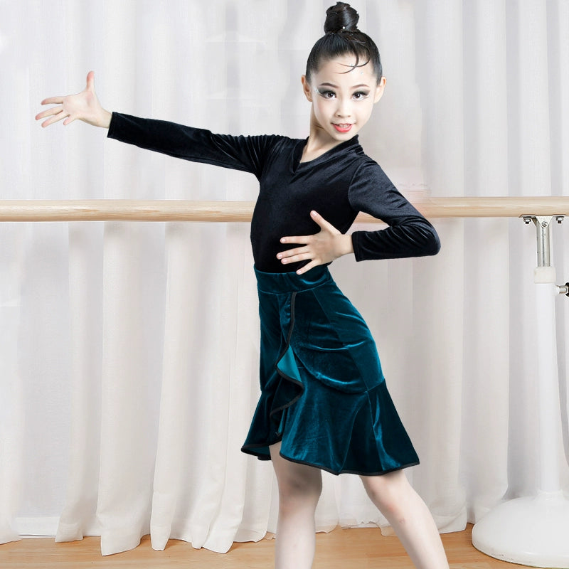 Girls Latin Dance Dresses Children's Latin dance clothes Latin dance practice clothes girl's Latin dance skirt split long sleeve gold velvet test - Moderndancedress.com