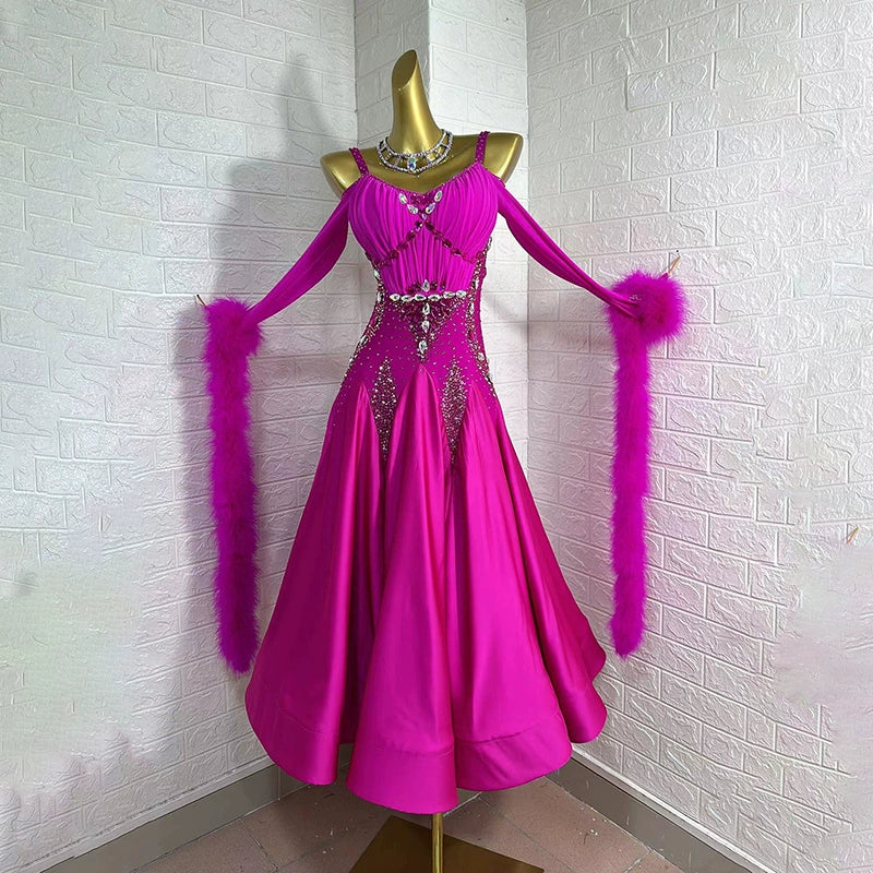 Custom Size Fuchsia Competition Ballroom Dance Dresses for Women Girls Rabbit Fur Floating Waltz Tango Dance Long Gown