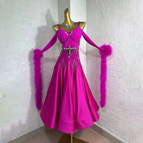 Custom Size Fuchsia Competition Ballroom Dance Dresses for Women Girls Rabbit Fur Floating Waltz Tango Dance Long Gown