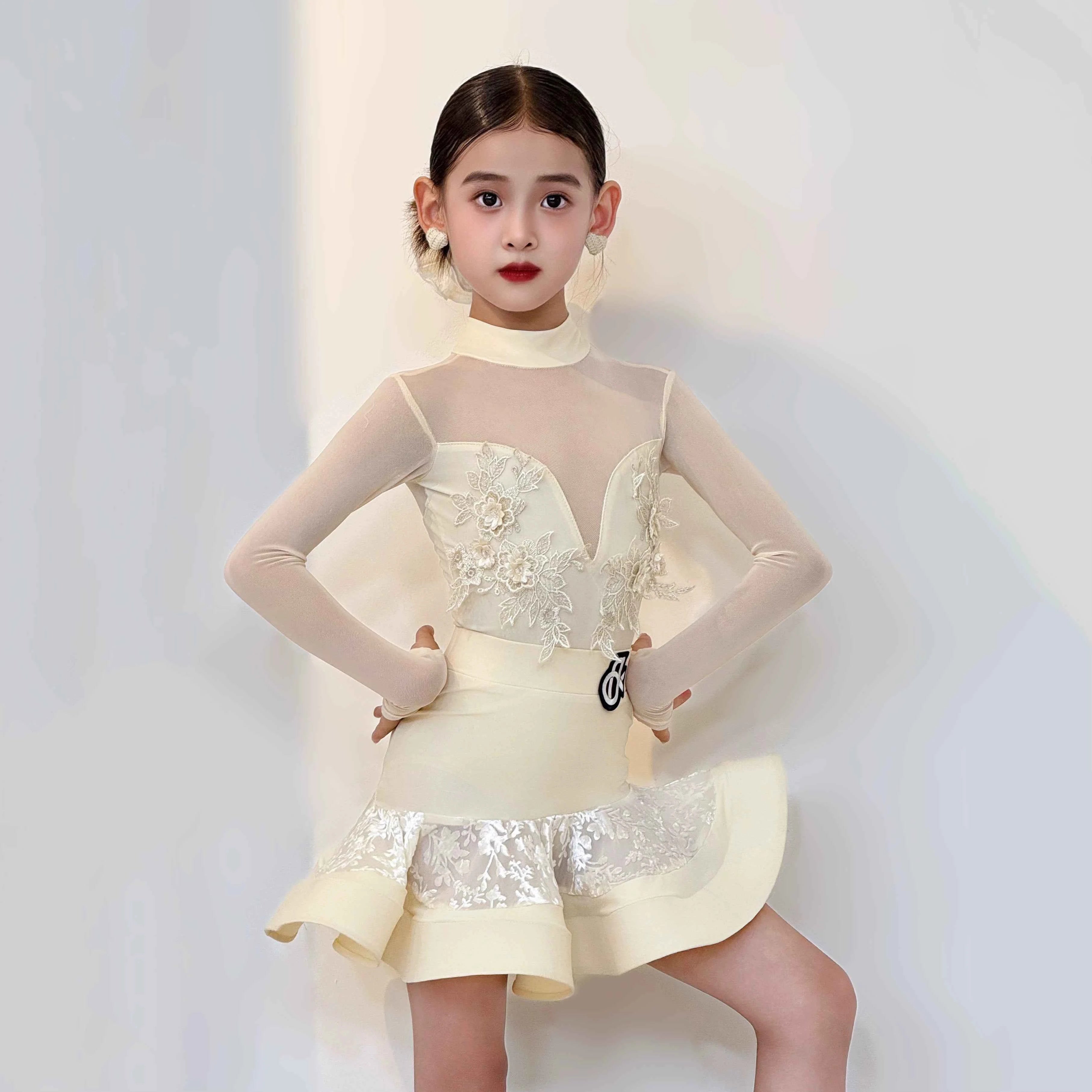 Girls Latin Dance Dresses White Black Lace Salsa Rumba Chacha Latin Performance Dresses Kids Dancing Clothes