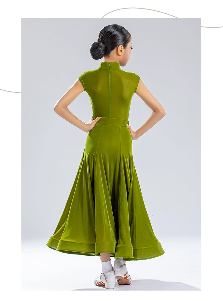 Girls Latin Dance Dresses Army Green Ballroom Latin Performance Competition Outfits for Kids