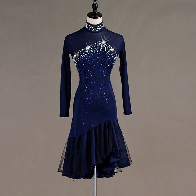 Latin Dance Dresses Women's Performance Spandex Georgette Appliques Crystals / Rhinestones Long Sleeves High Dress - Moderndancedress.com
