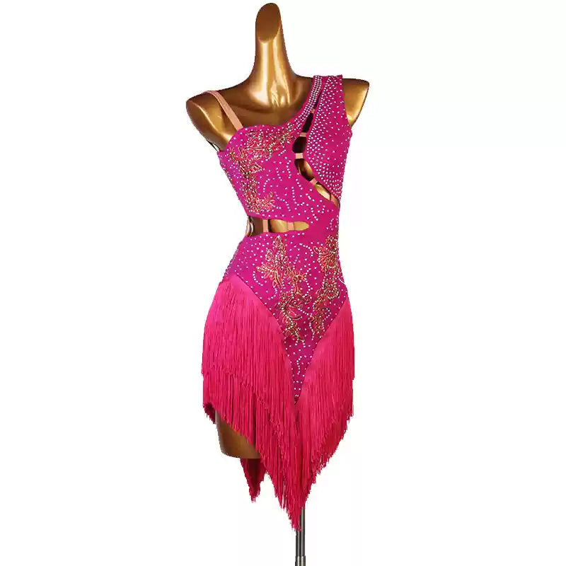 Slant Neck Yellow Blue Red Green Orange Latin Dance Competition Dresses for Women Girl Rumba Salsa Chacha with Stones Performance Clothes - Moderndancedress.com