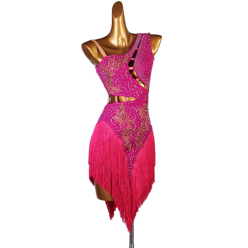 Slant Neck Yellow Blue Red Green Orange Latin Dance Competition Dresses for Women Girl Rumba Salsa Chacha with Stones Performance Clothes - Moderndancedress.com