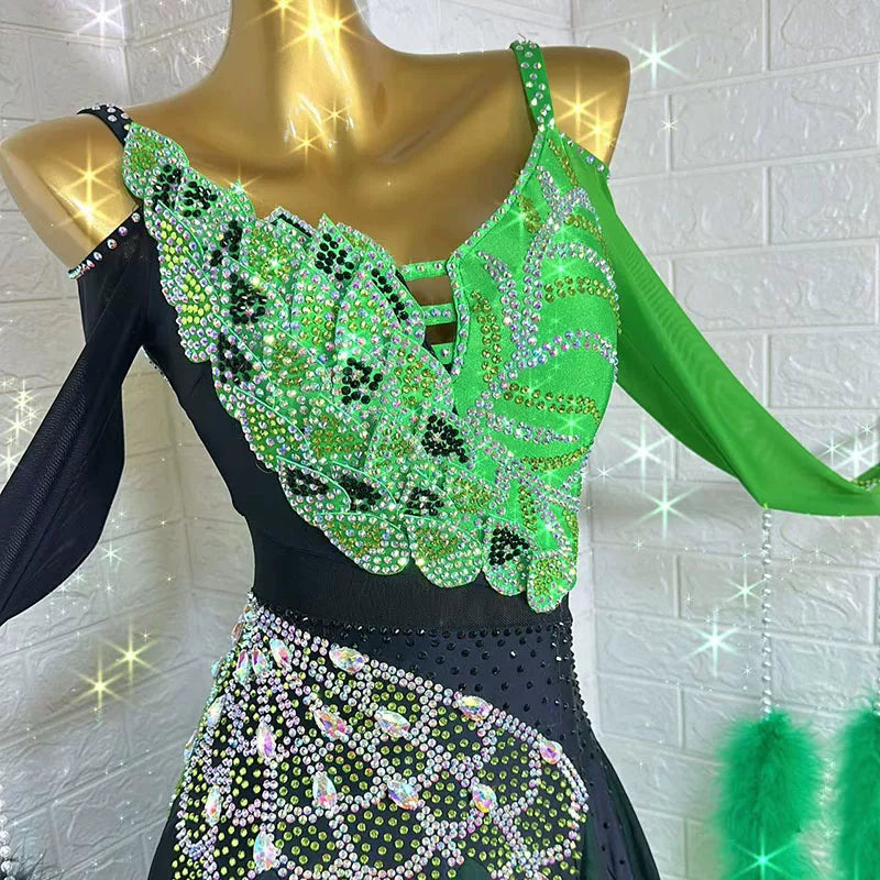 Custom Size Competition Ballroom Dance Dress Spaghetti Strap Leaf Crystal Applique Green Flowy Waltz Tango Gown