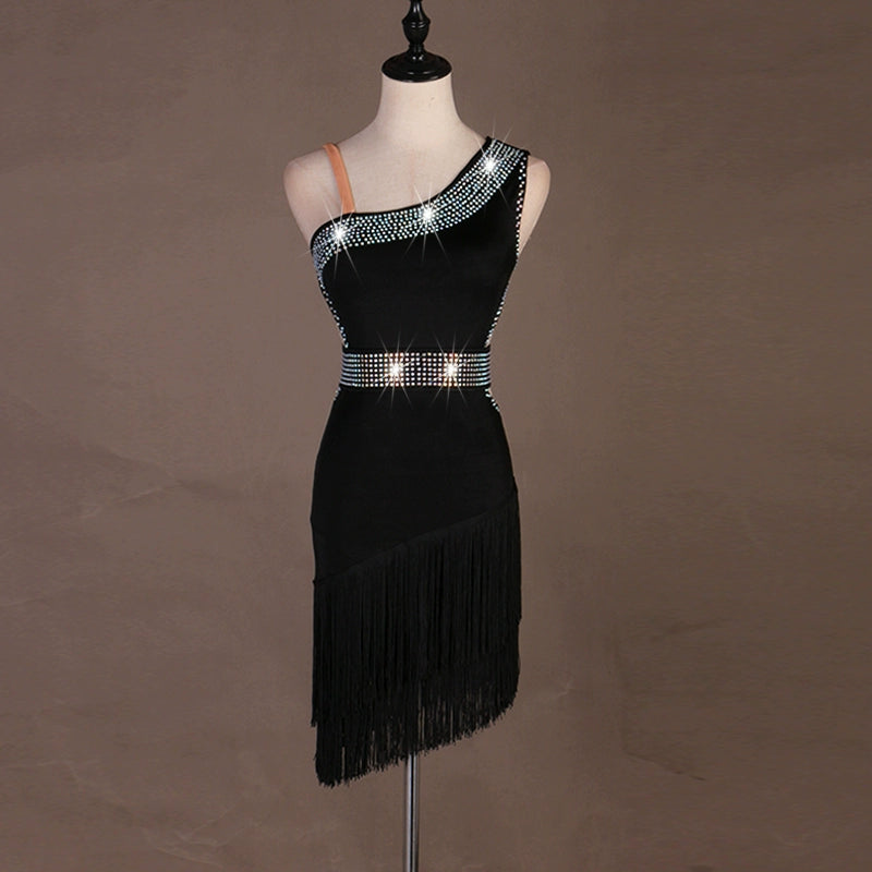 Black violet diamond-inlaid Latin dance dress competition professional sexy fringed latin rumba chacha dance dress can be customized - Moderndancedress.com