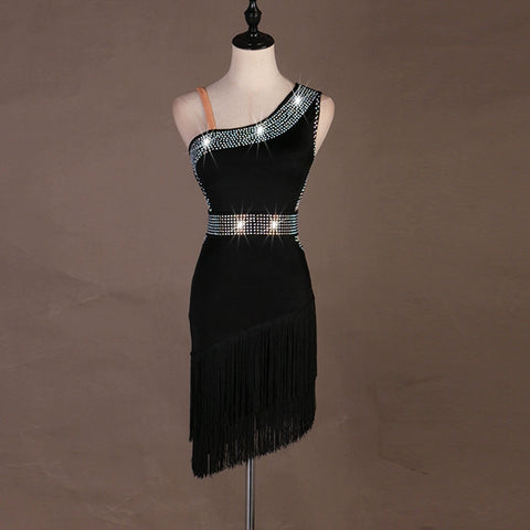 Black violet diamond-inlaid Latin dance dress competition professional sexy fringed latin rumba chacha dance dress can be customized - Moderndancedress.com