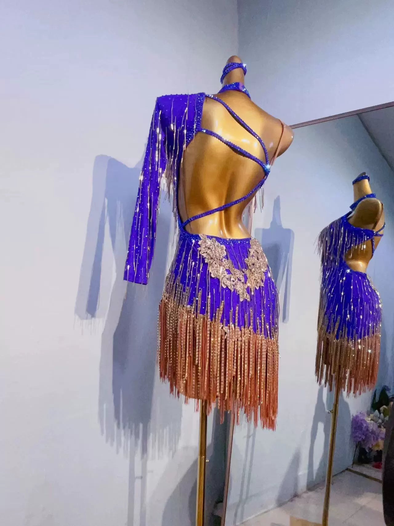 Custom size violet competition Latin dance dresses for girls kids adult salsa rumba chacha samba performance clothes handmade with bling gemstones - Moderndancedress.com