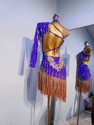 Custom size violet competition Latin dance dresses for girls kids adult salsa rumba chacha samba performance clothes handmade with bling gemstones - Moderndancedress.com