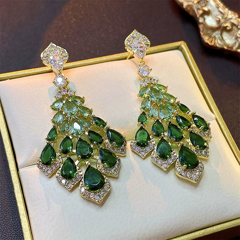 Green Feather Bling Earrings Party Ball Music Festival Stage Performance Evening Dresses Jewelry Bridal Wedding Paty Accessories
