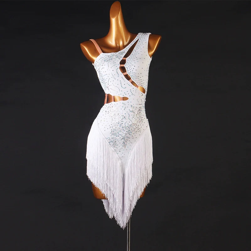 Slant Neck Yellow Blue Red Green Orange Latin Dance Competition Dresses for Women Girl Rumba Salsa Chacha with Stones Performance Clothes - Moderndancedress.com