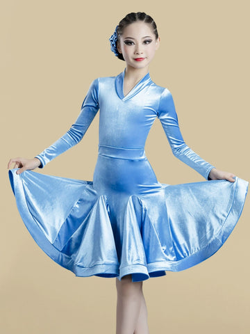 Girls Light Blue Purple Velvet Latin Dance Dresses Children Exam Clothes Long-sleeved Salsa Rumba Chacha Performance Outfits - Moderndancedress.com