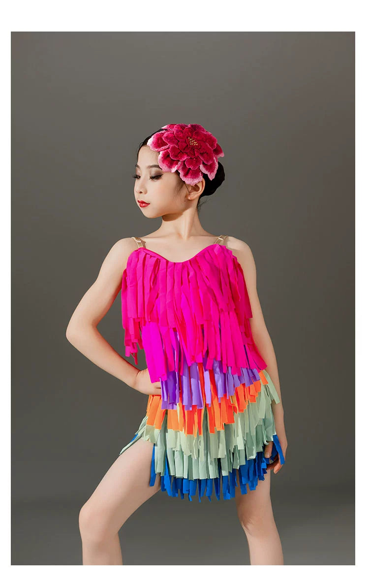 Children rainbow fringe competition Latin dance dresses kids girls ballroom salsa rumba chacha  performance clothes - Moderndancedress.com