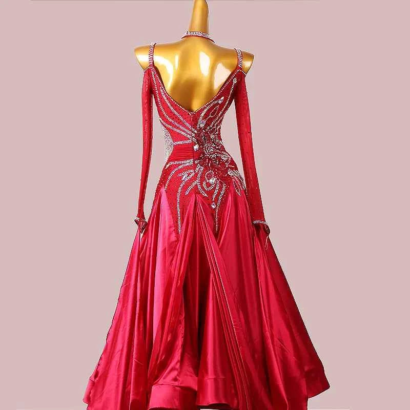 Custom Size Wine Rhinestones Ballroom Dance Dresses Dew Shoulder Long Sleeve