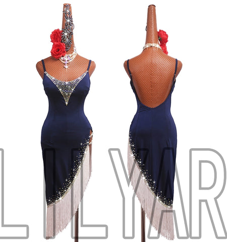 Navy white tassels competition Latin dance dresses for adult girls children latin ballrom salsa rumba chacha side split dance wear - Moderndancedress.com