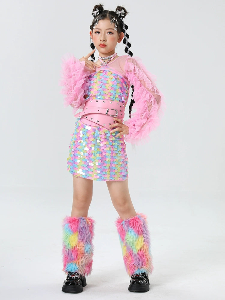 Rainbow Sequined Jazz Dance Costumes for Girls Kids Model Runway Catwalk Clothes Festival Party Dress Up Photos Shooting Outfits - Moderndancedress.com